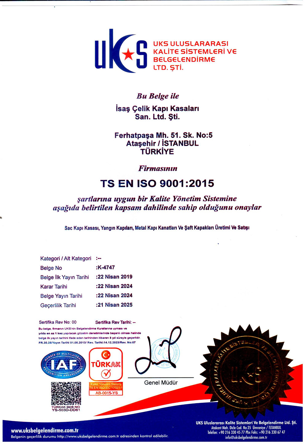 İSO 9001 Kalite Belgesi